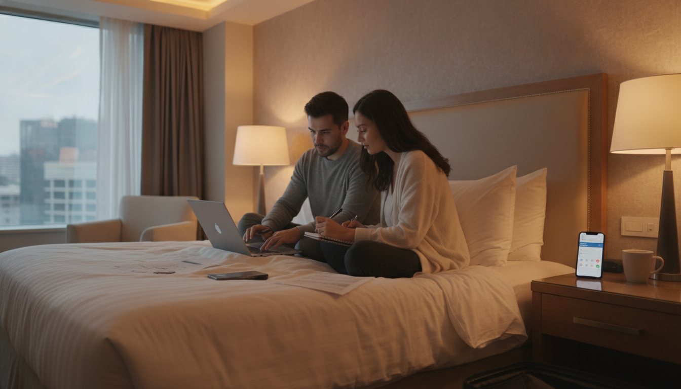 Paar berechnet gemeinsame Reisekasse am Laptop im gemütlichen Hotelzimmer