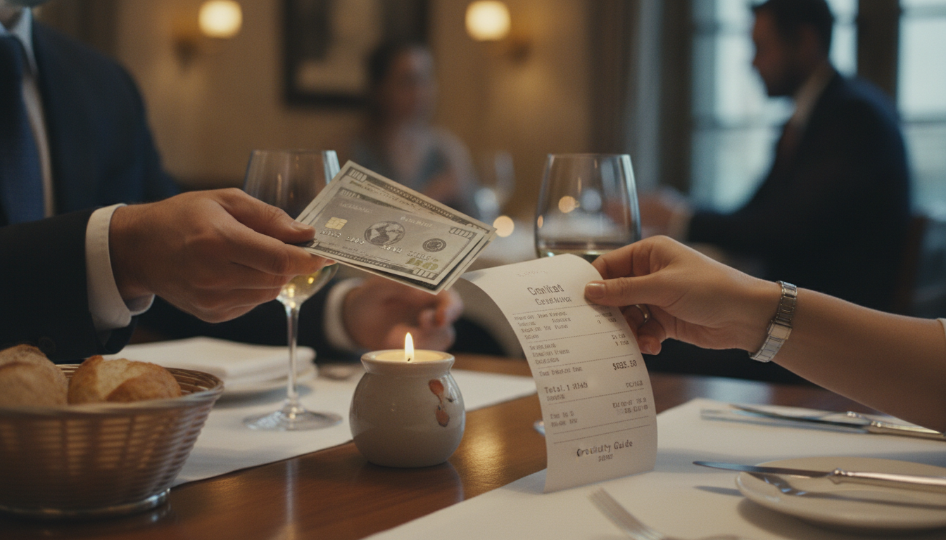 Hände tauschen Bargeld und Kreditkarte über einer Restaurantrechnung aus