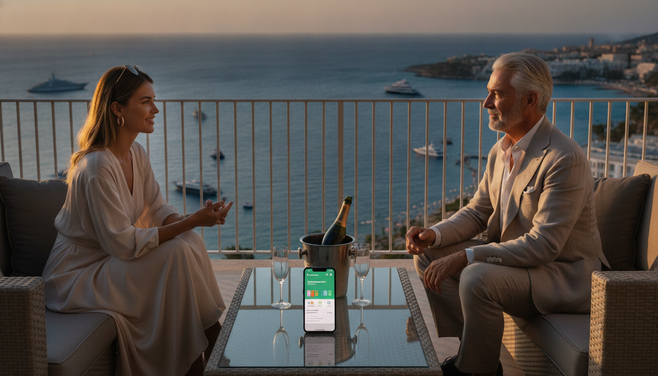 Elegantes Paar bespricht auf dem Hotelbalkon offen die Reisekosten
